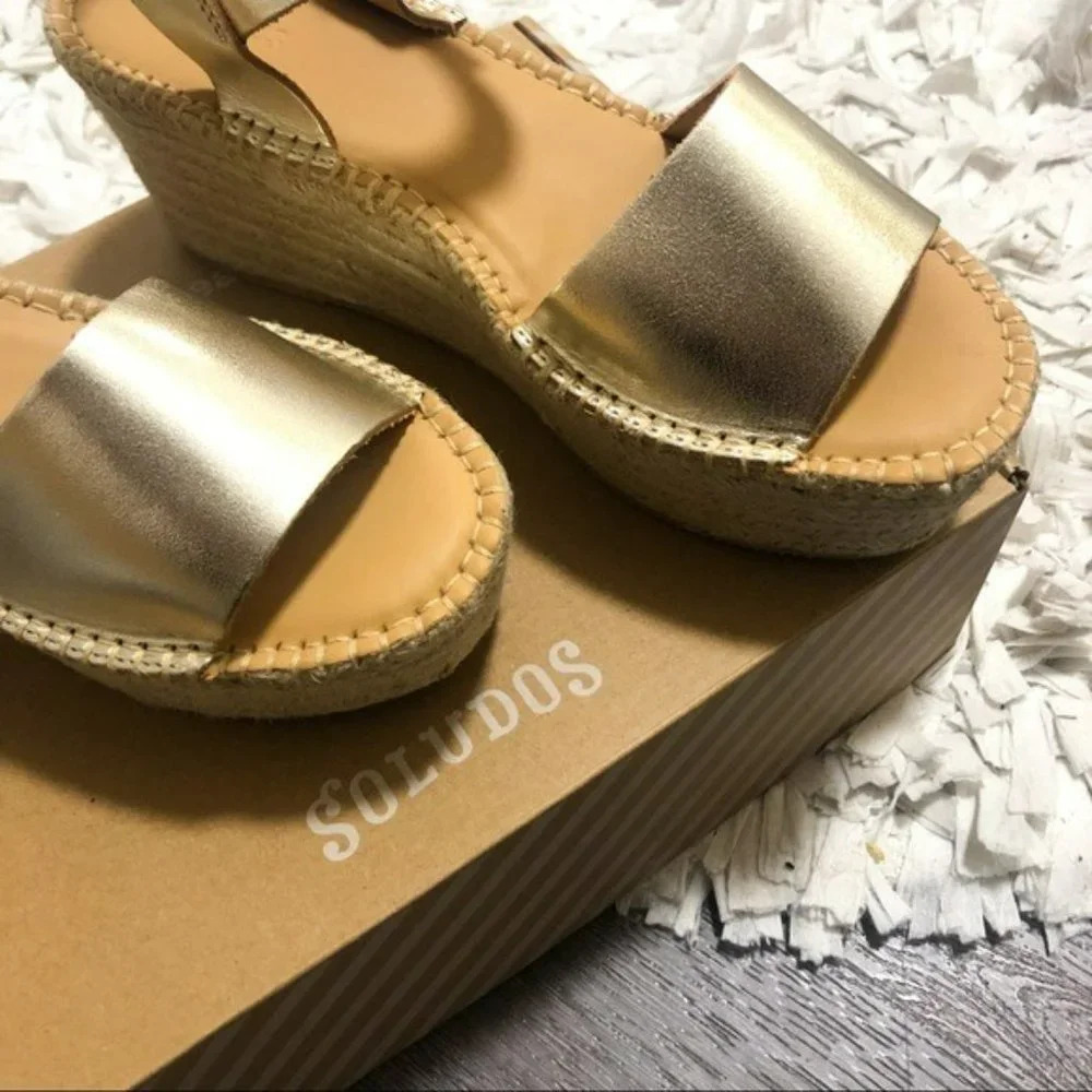 Anthro Soludos Platform Gold Leather Espadrille 10 - Picture 9 of 13